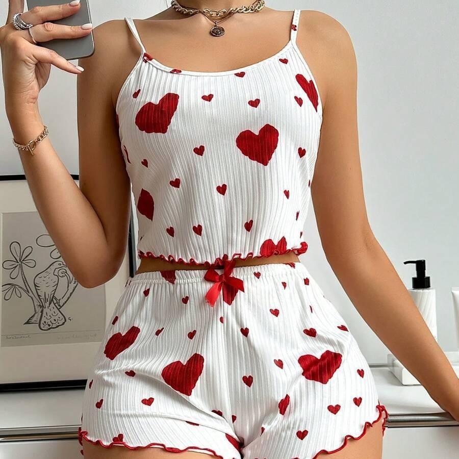 

Cozy Women s Heart Print Pajama Set, 2-piece sleepwear set Ruffled Trim Camisole & Elastic Waist Shorts, Casual Home Wear Set for All-day Comfort S