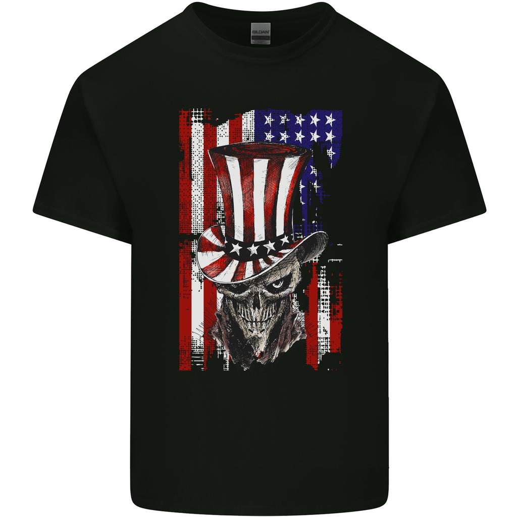 Uncle Sam Skull USA American Flag 4th July Unisexs Light Cotton TShirt