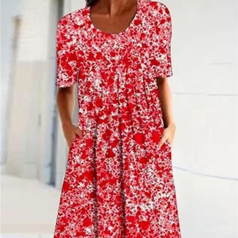 Spring and Summer Floral Print Crew Neck Pocket Women s Fashion Casual Crew Neck Trend Print Medium and Long Dress S