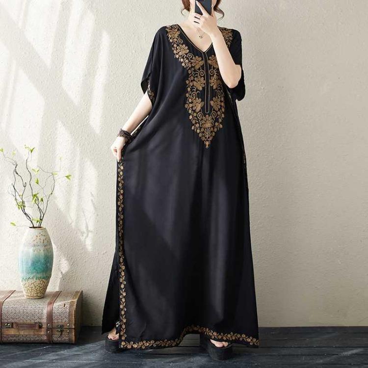 Летнее богемное пляжное платье с V-образным вырезом для женщин большого размера, свободное, с вышивкой, длинное, винтажное, праздничное платье One Size чёрный