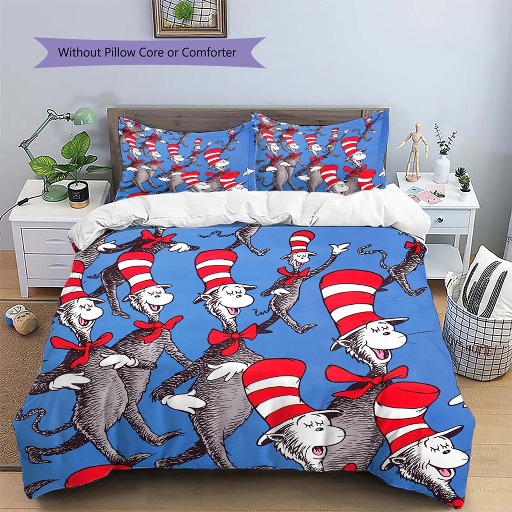 The Cat In the Hat Pattern Bedding Home Decoration Birthday Gift (1 * Duvet Cover + 2 * Pillowcase, Without Core)