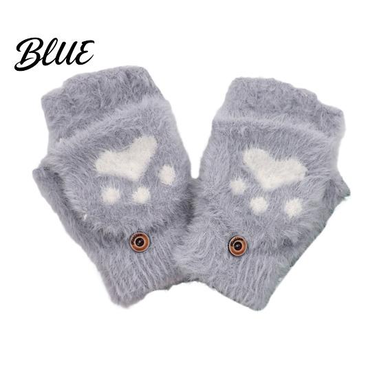 Fingerless Gloves with Flap Cover Furry Cat Paw Thermal Gloves Flip Top Mitten Button for Women Winter Cozy Outdoor Cold Weather Plush Half