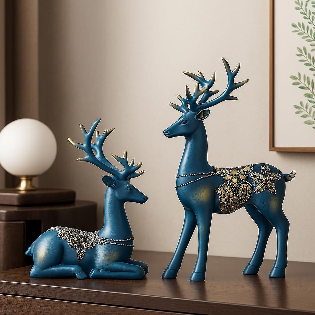 Creative Resin Golden Reindeer Sculptures | Beautiful Home Decor | Lifts up Energy of Your Room - (Pack of 2, Blue)