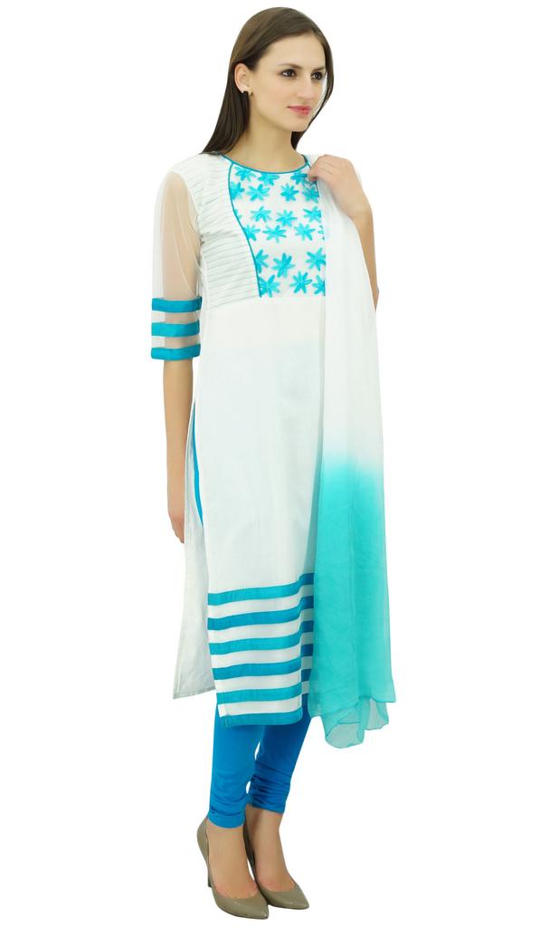 Atasi Women'S White And Blue Straight Salwar Kameez With Dupatta Suit Sets