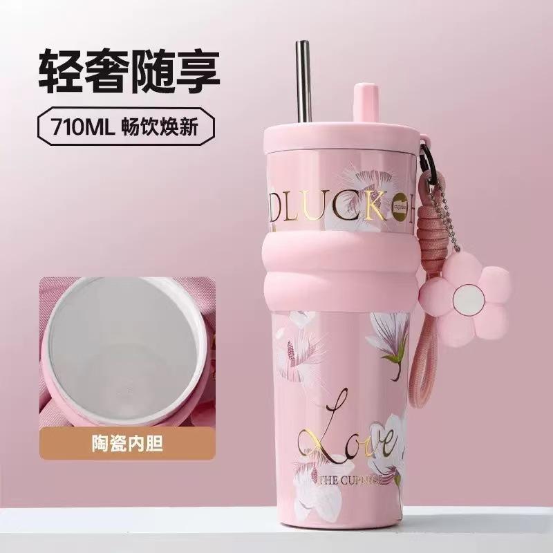 Ceramic double drink coffee cup large capacity portable straw thermos cup light luxury high sense gift box gift cup