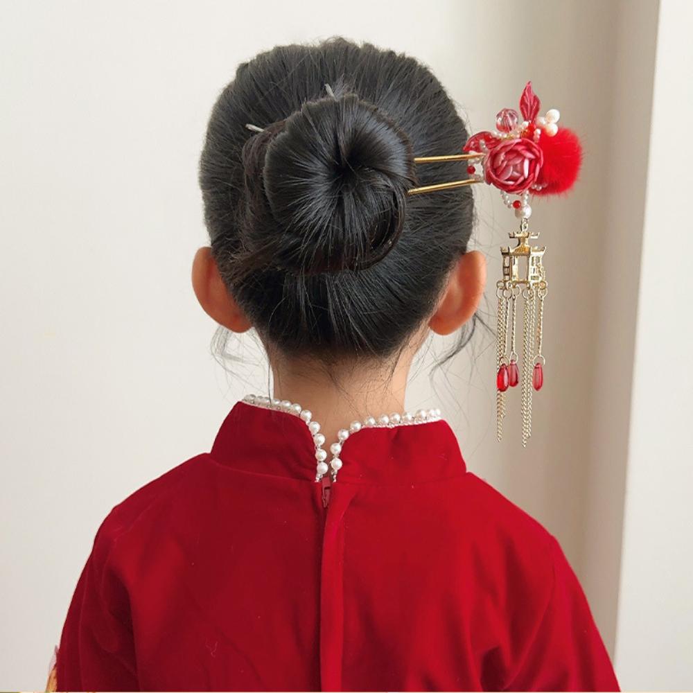 Red Flower Chinese Headwear Classic Hanfu Hairpin Hair Ornaments Pendant Hair Stick Women