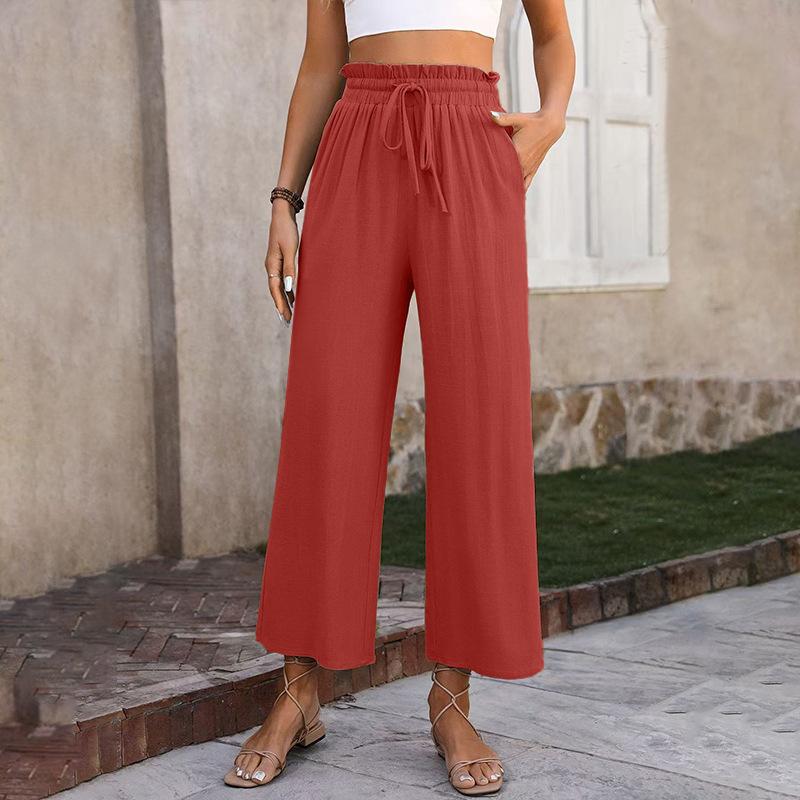 New Women's Solid Color Cotton Linen Wide Leg Pants, High Waist Elastic Drawstring Casual Trousers for Spring Summer