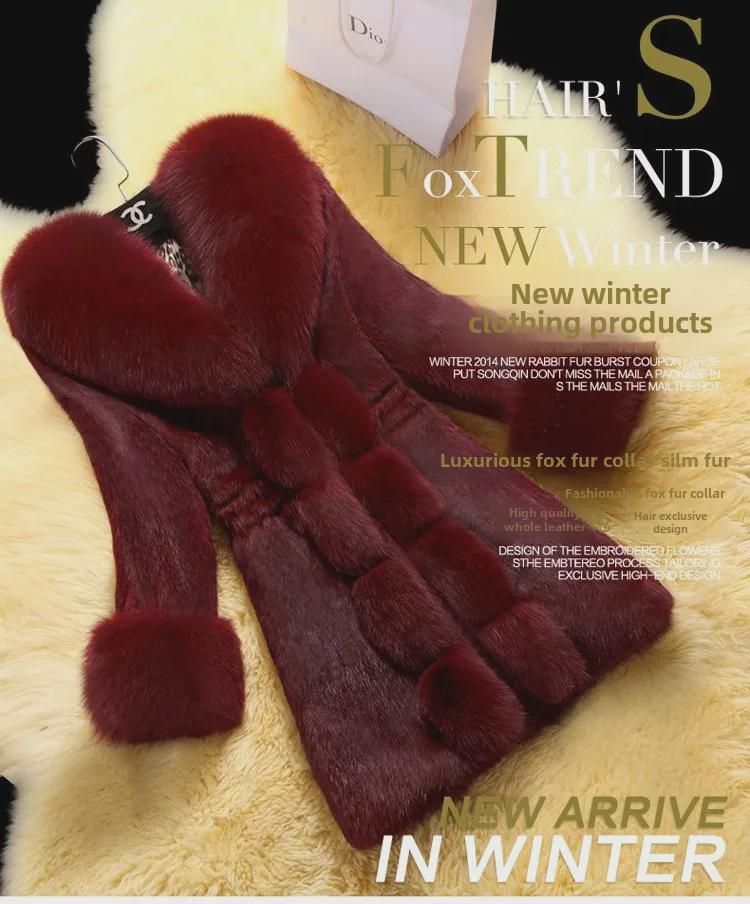 Nový dámský slim kabát střední délky s límcem z liščí kožešiny, korejská imitace norka na podzim a zimu