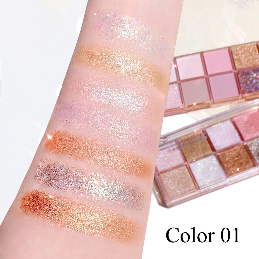Eyeshadow Palette Including Matte and Shimmering Glitter Options in Brown, Golden, Nude, Purple, and Silvery, Ideal for Festival Makeup
