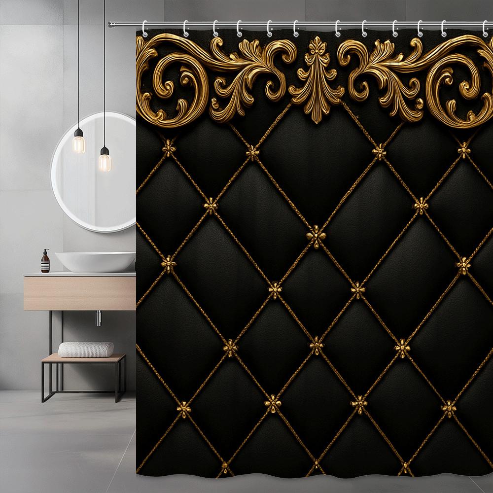 

Luxury Black And Gold Shower Curtain Royal Embroidery Pattern Velvet Look Elegant Bathroom Decor Waterproof Elevate Your Space W60H190(CM)-1 Pcs