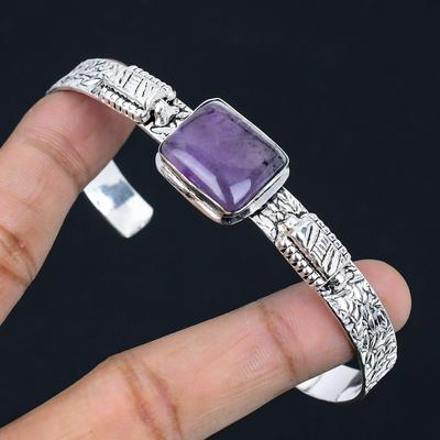 Natural Star Amethyst Gemstone Bangle Adjustable 925 Sterling Silver For Girls