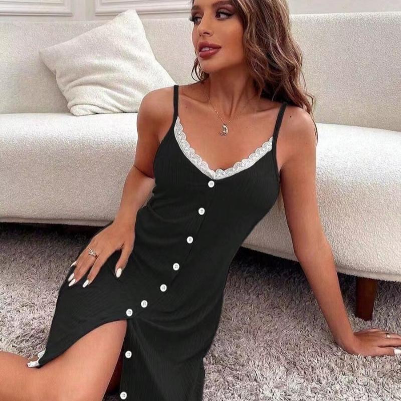 

Женские ночные сорочки Кружево Пуговицы Сексуальные платья-халтеры Под Удобные Повседневные Можно Носить Снаружи Ночная сорочка Домашняя одежда L чёрный