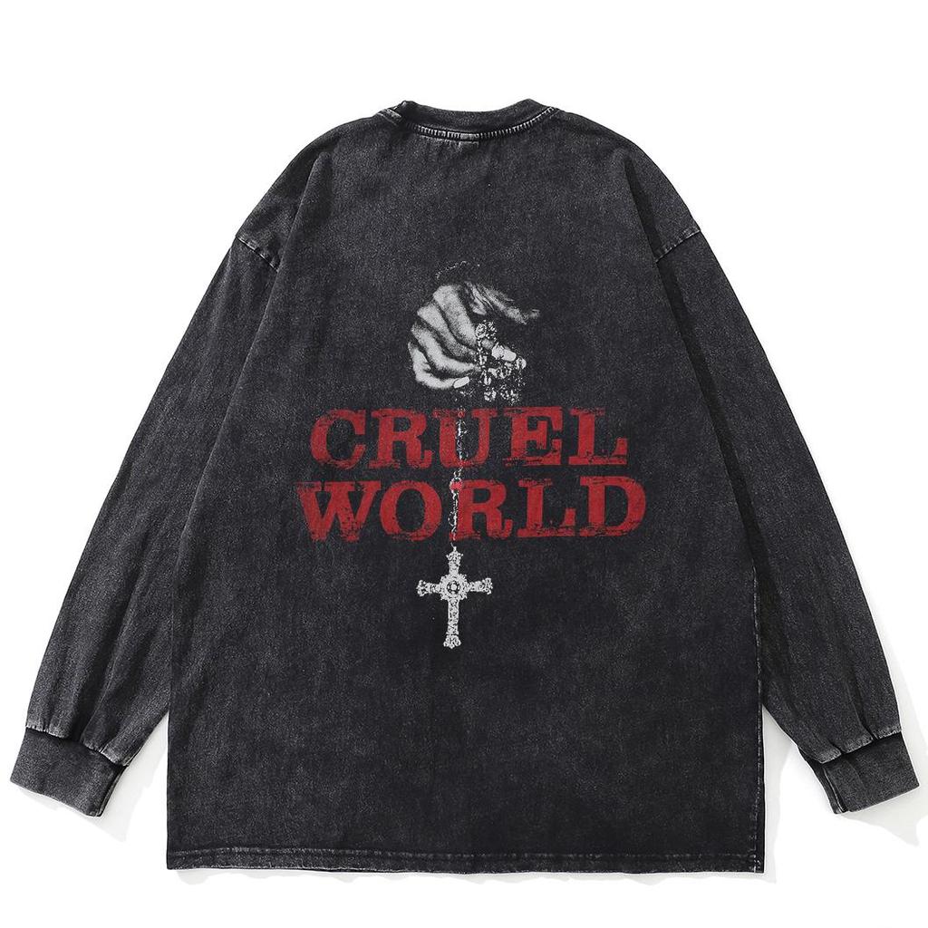 Streetwear Oboustranný Grafika Kříže Vybledlé Černé Tričko Bavlna Unisex Nadměrná Velikost Tričko s Dlouhým Rukávem