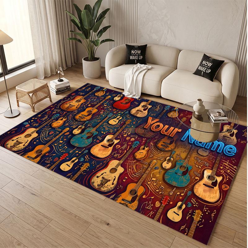 Music Guitar Theme Soft Crystal Velvet Rug Custom Name & Text Print Non Slip Floor Rug for Bedroom Living Room