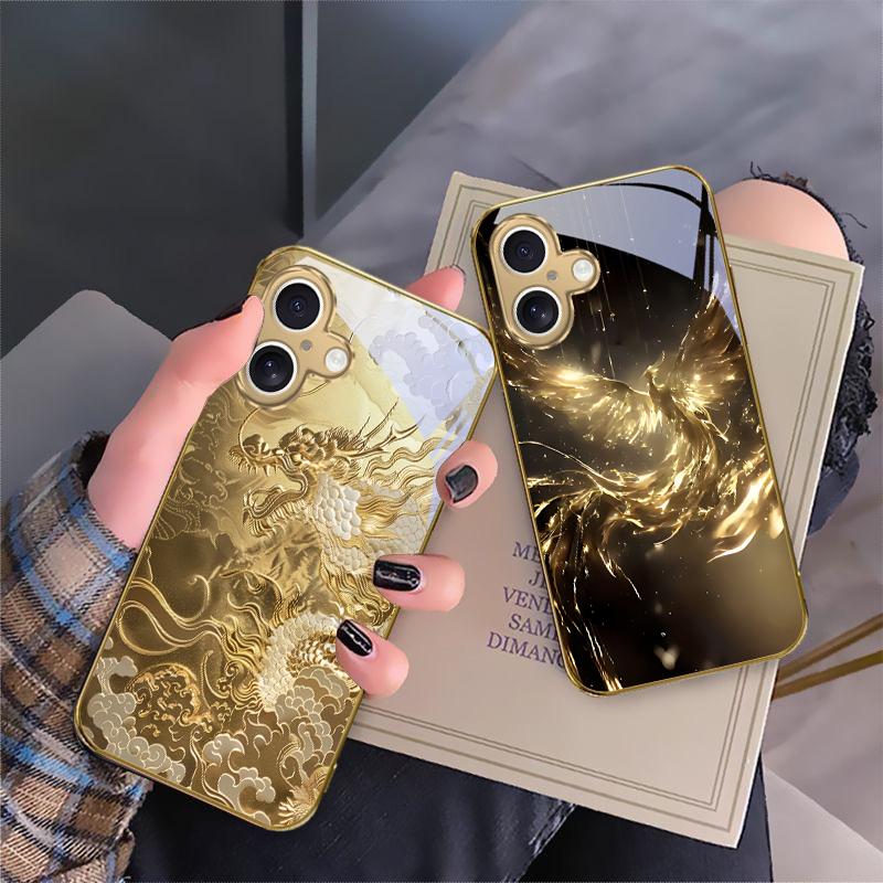 Golden Chicken Luxury For iPhone 16E 15 Pro 14 13 Plus 12 mini 11 15Pro 14Max 13Plus XR Xs X 16 Pro Max Golden glass phone case