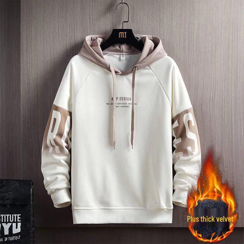 Men's Autumn/Winter Hooded Letter Print Loose Pullover, Korean Style Trendy Casual Plus Velvet Long Sleeve Sweatshirt
