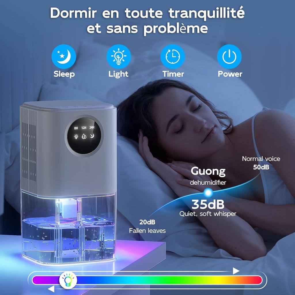 Air Dehumidifier, 1800 Ml, Ultra-Quiet Electric Desmidifier (≤38 dB), 7 LED Touch Atmosphere, Automatic Shutdown, Portable Device with Timer for