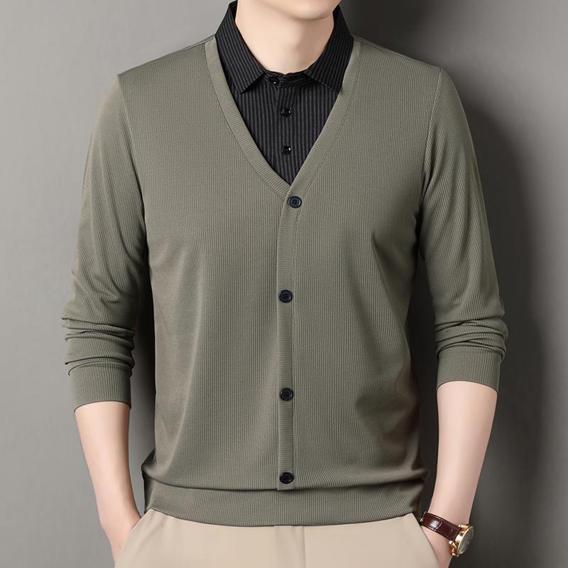 Men's Fake Two Piece Polo Shirt Casual Fashion Long Sleeve Collar T-shirt Versatile Top