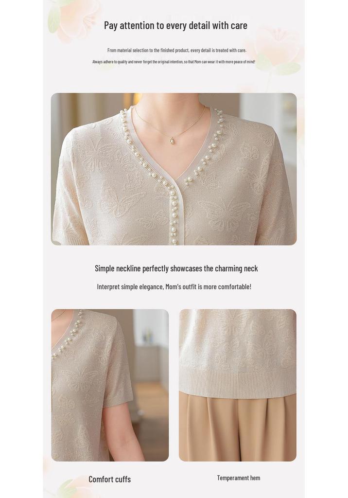 Elegant Lace Embroidery Knit Top - Short-Sleeved Ice Silk Blouse for Middle-Aged Women