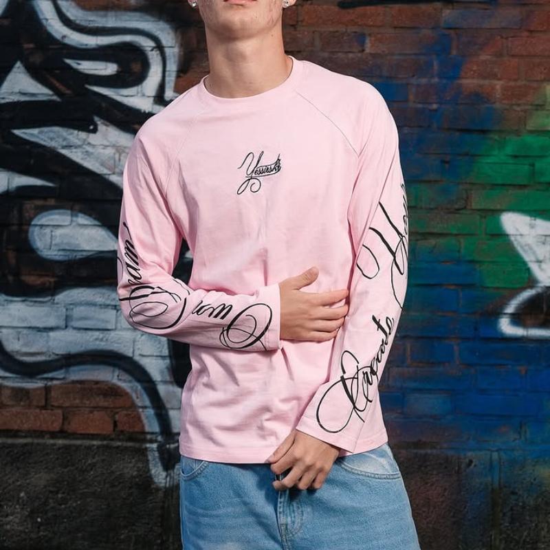 European and American round neck long sleeved letter printed men's loose casual color blocked top