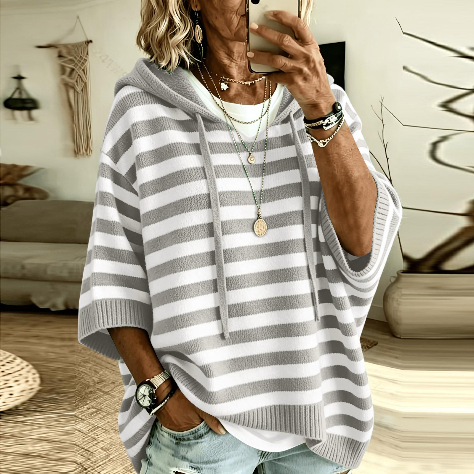 Women s Striped Hooded Knit Sweatshirt with Drawstring L