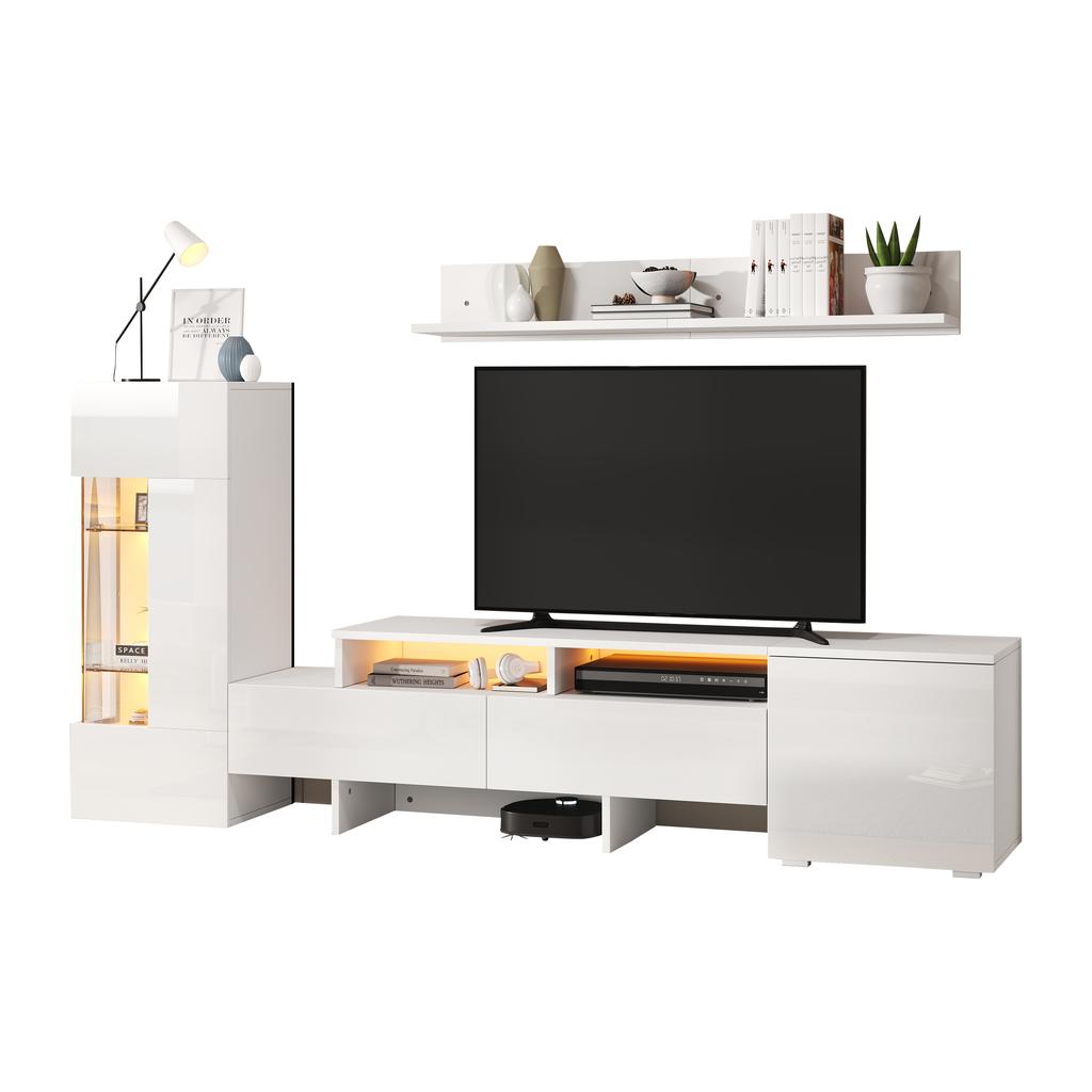 TV-Wandmöbel Set 3-teilig, Hochglanz, Moderner Schrank mit LED, Freistehend und Wandmontage, Acryltüren, Glasabtrennung, Weiß, TV bis 70'