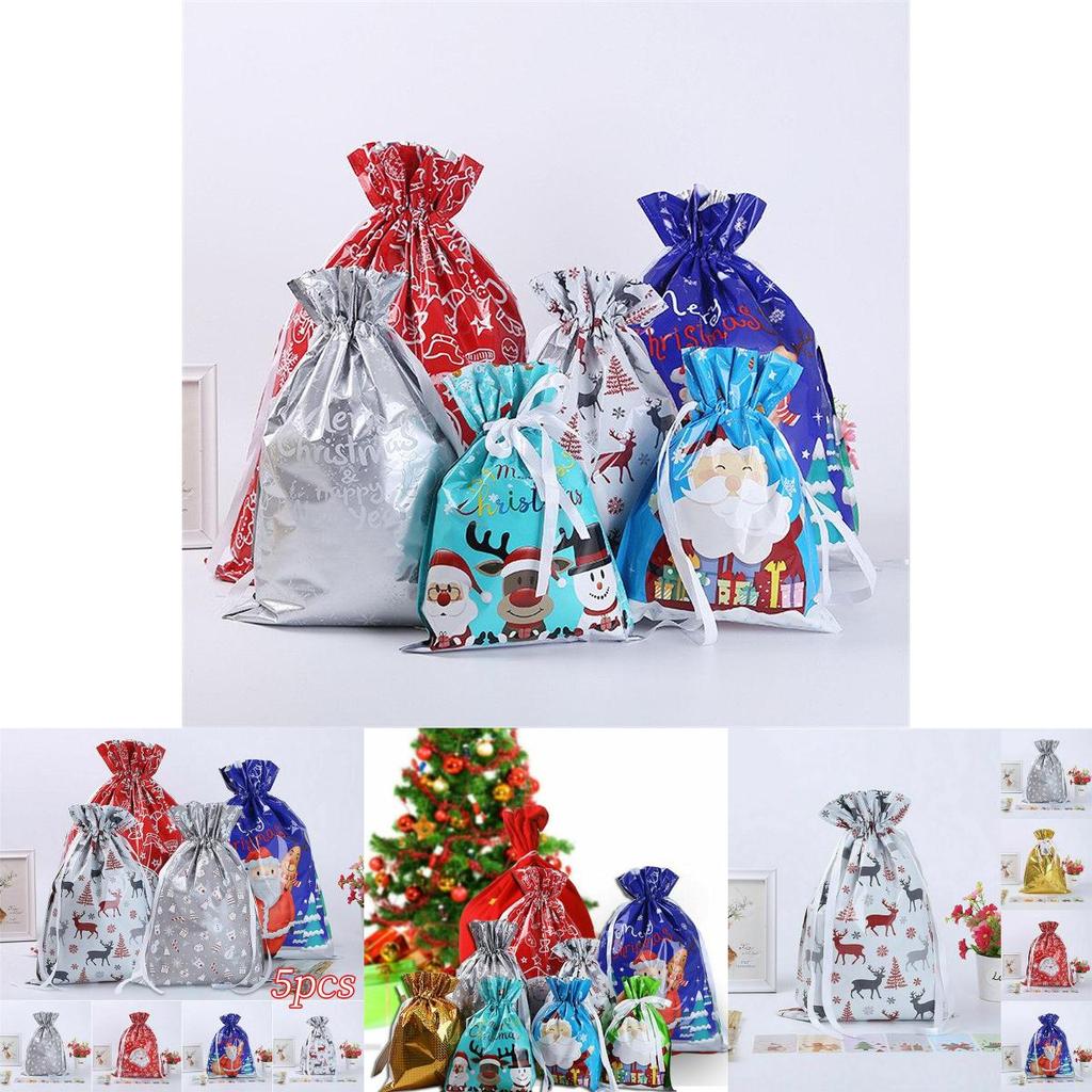 Adorable 5pcs Christmas Sacks Reusable Drawstring Gift Bags For Kids' Gifts