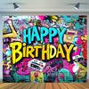 1 szt., Retro Tło z Graffiti na Urodziny - Żywa Dekoracja Imprezy Hip Hop Rockowej, Styl Miejskiej Sztuki Ulicznej, Dekoracja Imprezowa