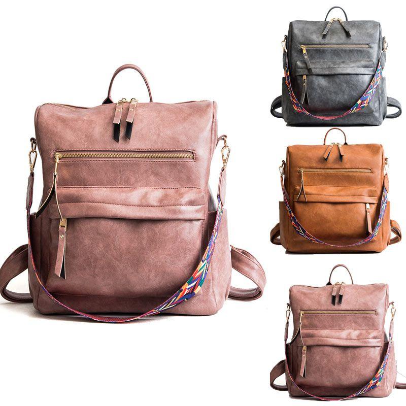Wear-resistant Women's College Style Backpack In Pure Color Soft Pu Leather
