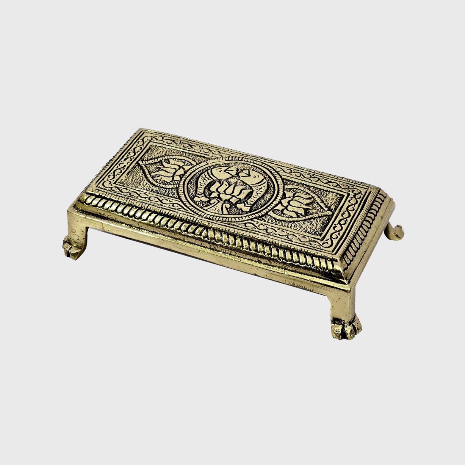 Pure Brass Engraved Pooja Chowki, Antique Peetha God Stool, Lotus Design, Golden