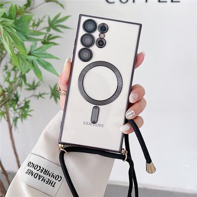 Przezroczysta miękka powłoka Crossbody smycz naszyjnik magnetyczne etui z funkcją ładowania do Samsung S23 24 Ultra S22 S21 FE miękka obudowa do iphone 15 14 13 12 11 Pro Max