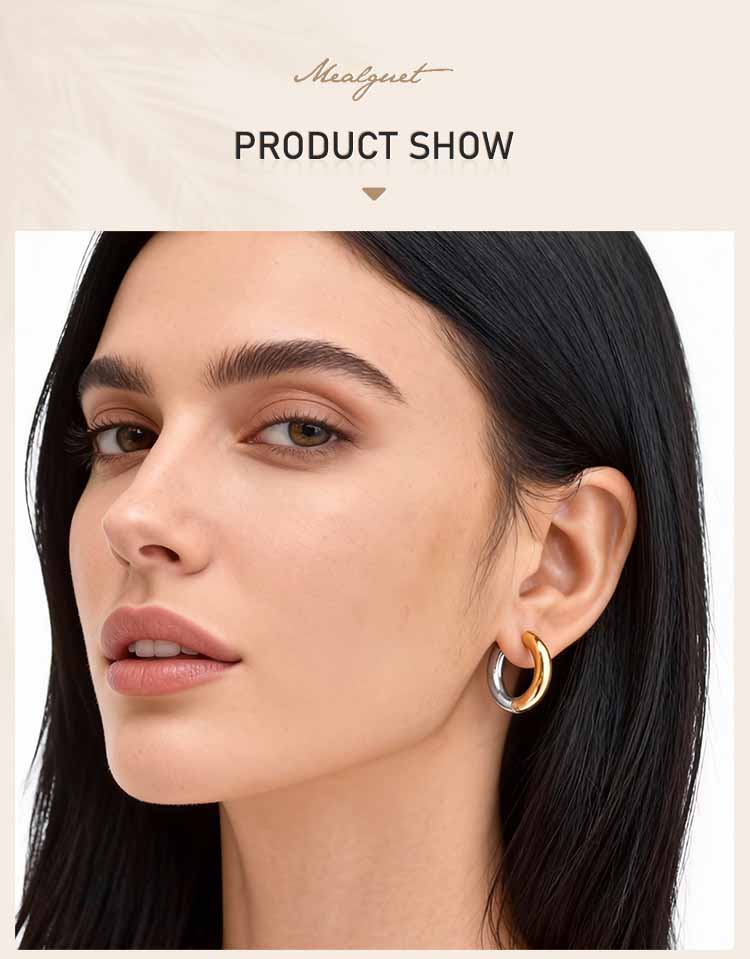 18K Gold Plated Two Tone Earrings for Women, Stainless Steel Earrings, Chunky Thick Dangle Earring Statement Jewelry