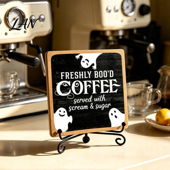 Desktop Ornaments for Home Halloween Coffee Bar Wooden Sign with Iron Display Stand Corner Small Plaques Counter Tabletop Decor, Rustic Wood