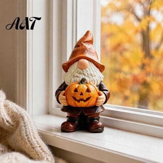 Halloween Gnome Statue Garden Statue, Faceless Holding Pumpkin Sculpture, Decorative for Porch Waterproof Resin Yard Autumn Decor