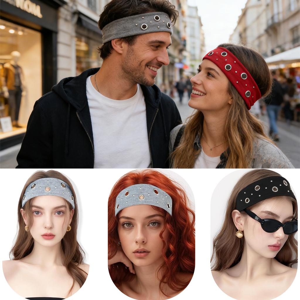 Elastische Punk Metal Oogjes Hoofdband, Unisex Brede Stretch Klinknagel Haarband, Retro Straat Sport Zweet Hoofdband