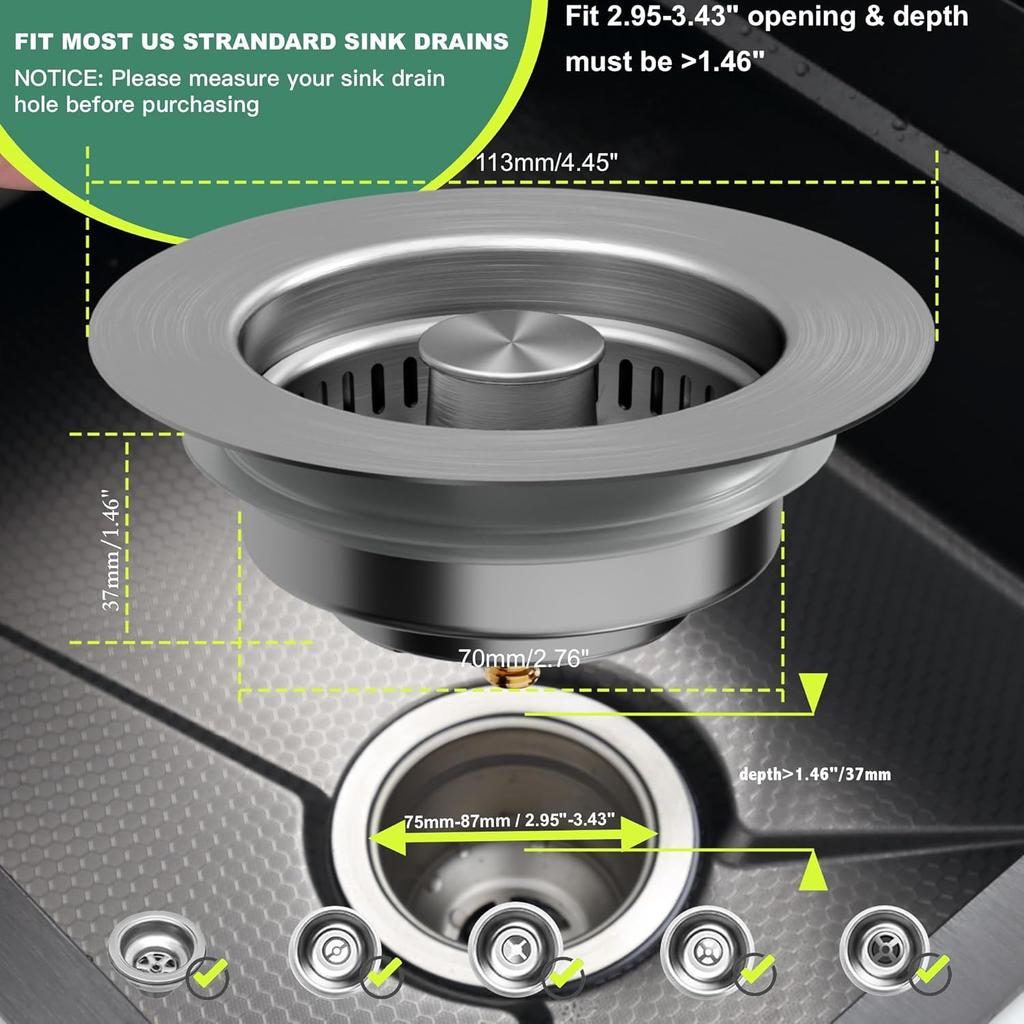 Kitchen Sink Drain Strainer 3 in 1, 304 Stainless Steel Pop Up Sink Stopper, Anti-Clogging Sink Stopper Kitchen Drain, Kitchen Drain Catcher, Kitchen