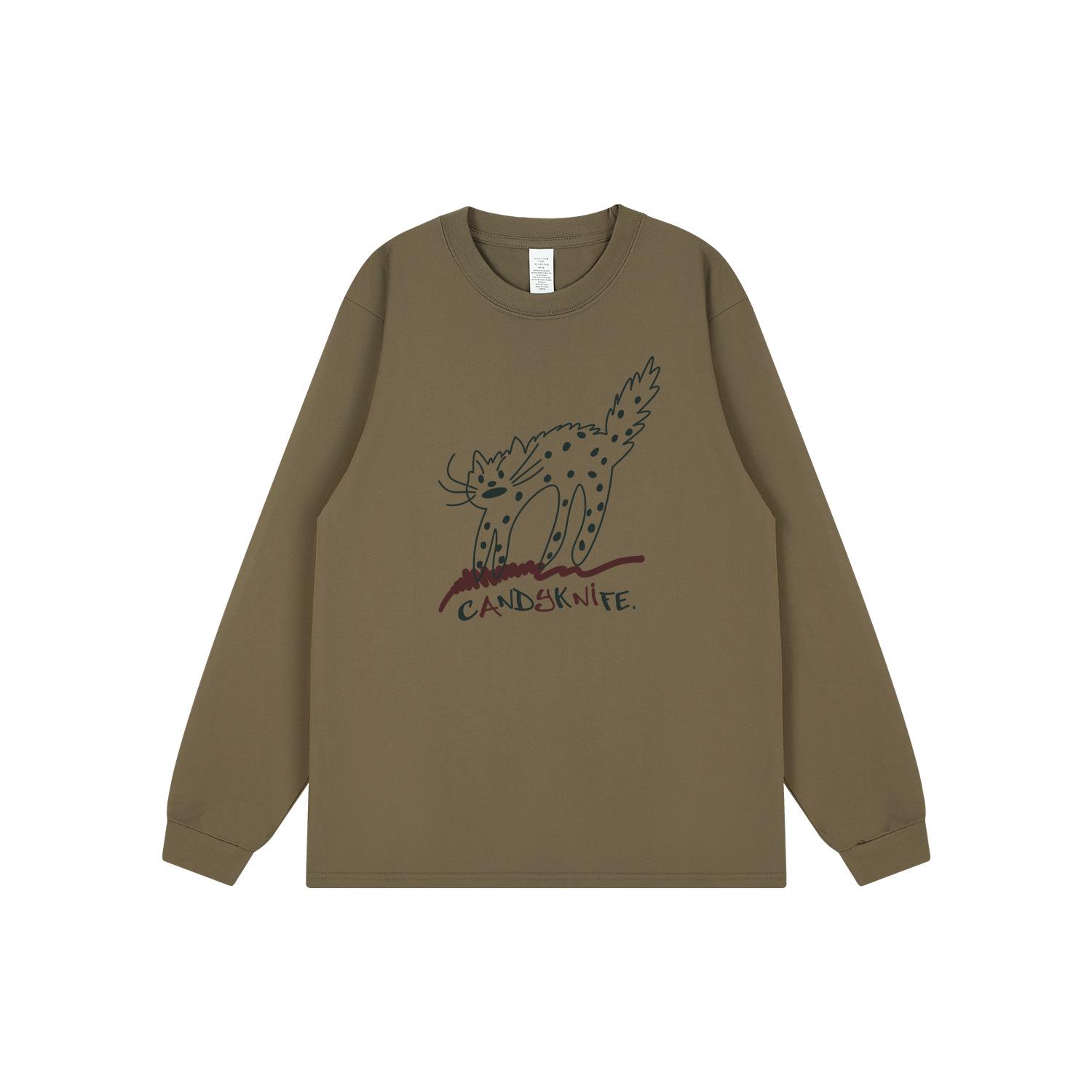 

Мультяшный принт кошки в корейском стиле, парный ретро-топ с длинным рукавом Medium оливковое зеленый