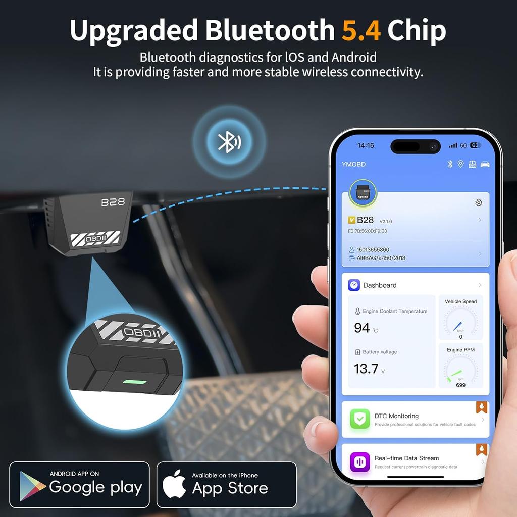 OBD2 Scanner for Car Bluetooth 5.4 - Codes Can Be Read and Cleared Quickly with Android and iOS Compatible - Diagnosis of The Vehicle's Engine, ABS,