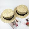Flat Top Beach Ribbon Straw Hat Girls Bowknot Sun Hat