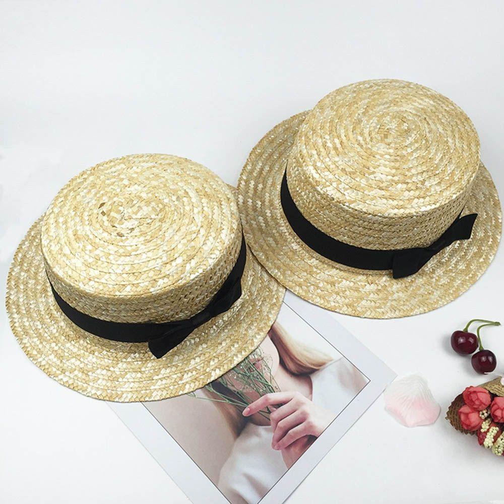 Flat Top Beach Ribbon Straw Hat Girls Bowknot Sun Hat