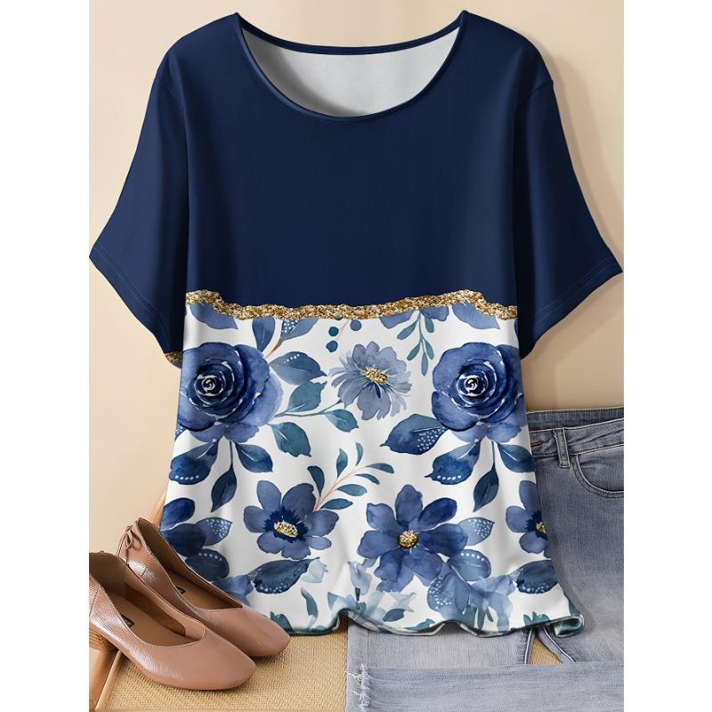 

Summer personalized women s directional contrasting color floral all-over printed round neck T-shirt short-sleeved top 8XL