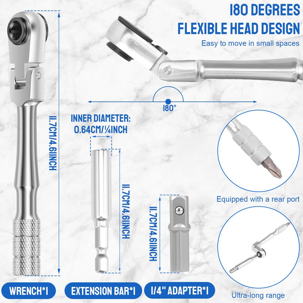 1/4" Antrieb Ratsche Mini Ratsche mit flexiblem Kopf Tragbares Ratschenschlüssel-Set Chrom-Vanadium-Stahl Reparaturwerkzeuge für enge Räume