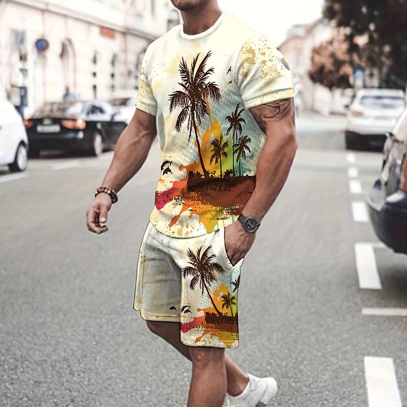 Stylish Men's Casual Suit Summer Breathable And Refreshing Suit Beach Style Printed 3D Coconut Oversized Men's Loose Top
