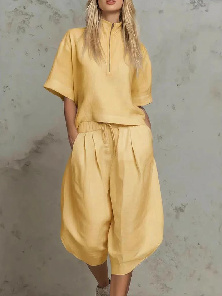 European and American Cross-border Women's Clothing Summer Casual Suit Semi-zipper Shirt Short-sleeved Top Drawstring Wide-leg Cropped Pants Two-piece