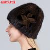 JERYAFUR Gorro de piel tejido para mujer, gorros de piel de visón naturales cálidos de invierno, gorro elegante a rayas