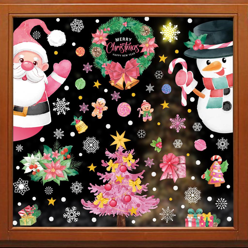 Christmas Pink Santa Claus Stickers Xmas Ball Garlands Bell Snowman Static Stickers Merry Christmas Decor Happy New Year
