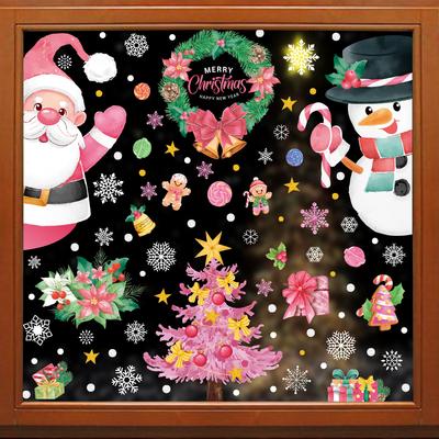 Pink Santa Claus Christma Tree Reindeer Window Stickers Christmas Glass Stickers Snowman Flower Gifts Electrostatic Stickers