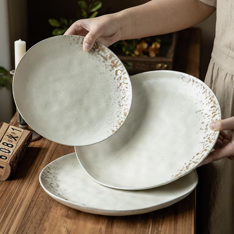 Retro Texture Ceramic Plate, Western Food Steak Plate, Japanese Household Round Plate, Tableware, Vegetable Plate, Pasta Plate