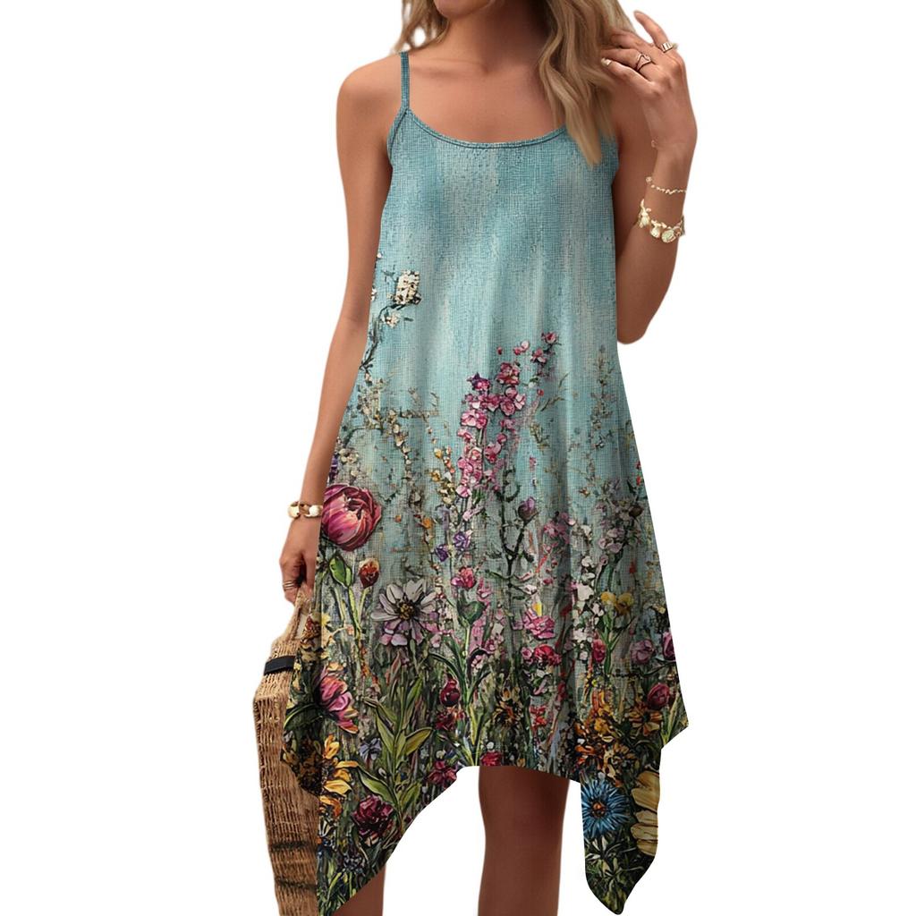 Dam sommar vardaglig vintage blommig tryck rund hals justerbar hängselklänning med fickor