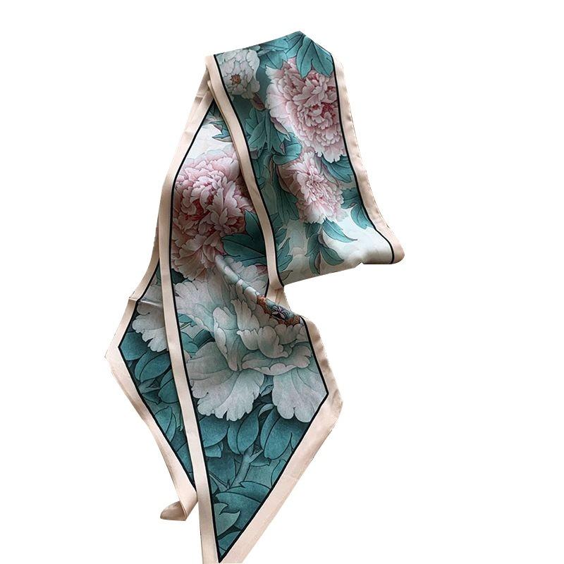 Silk scarf, long strip, high-end summer new neck protector, matching shirt, peony scarf, scarf, headscarf, headband, streamer.